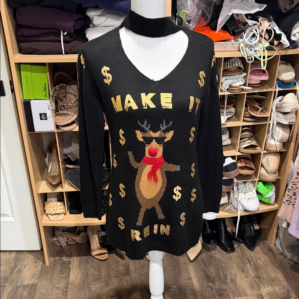Ultra Flirt Black Knit Top with Make it Rein Reindeer ugly sweater money